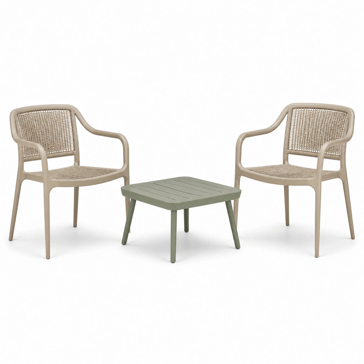 3-teiliges Gartenmöbel-Set mit 2 Sesseln und Beistelltisch, Kunststoff in Beige/Grün, Sessel 62 × 58 × 80 cm, Tisch 60 × 60 × 40 cm