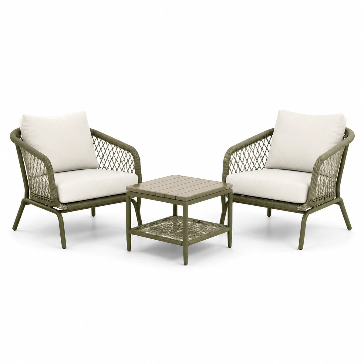 3-teiliges Gartenmöbel-Set mit 2 Sesseln und Tisch, Olivgrün/Creme, Sessel 68 × 63 × 78 cm, Tisch 60 × 60 × 45 cm