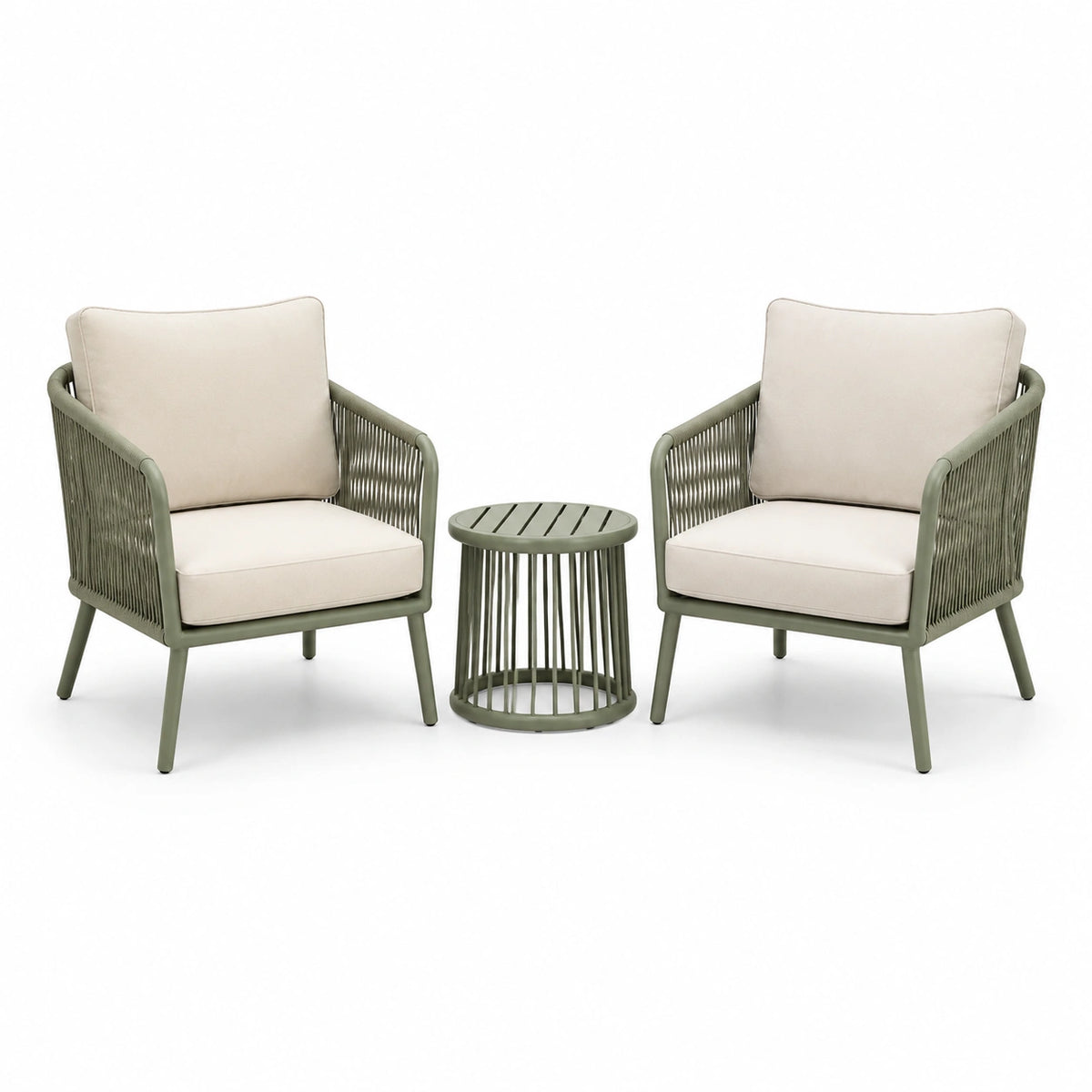 3-teiliges Sitzensemble mit 2 Sesseln und rundem Beistelltisch, Olivgrün/Creme, Sessel 68 × 70 × 82 cm, Tisch Ø 45 × 48 cm