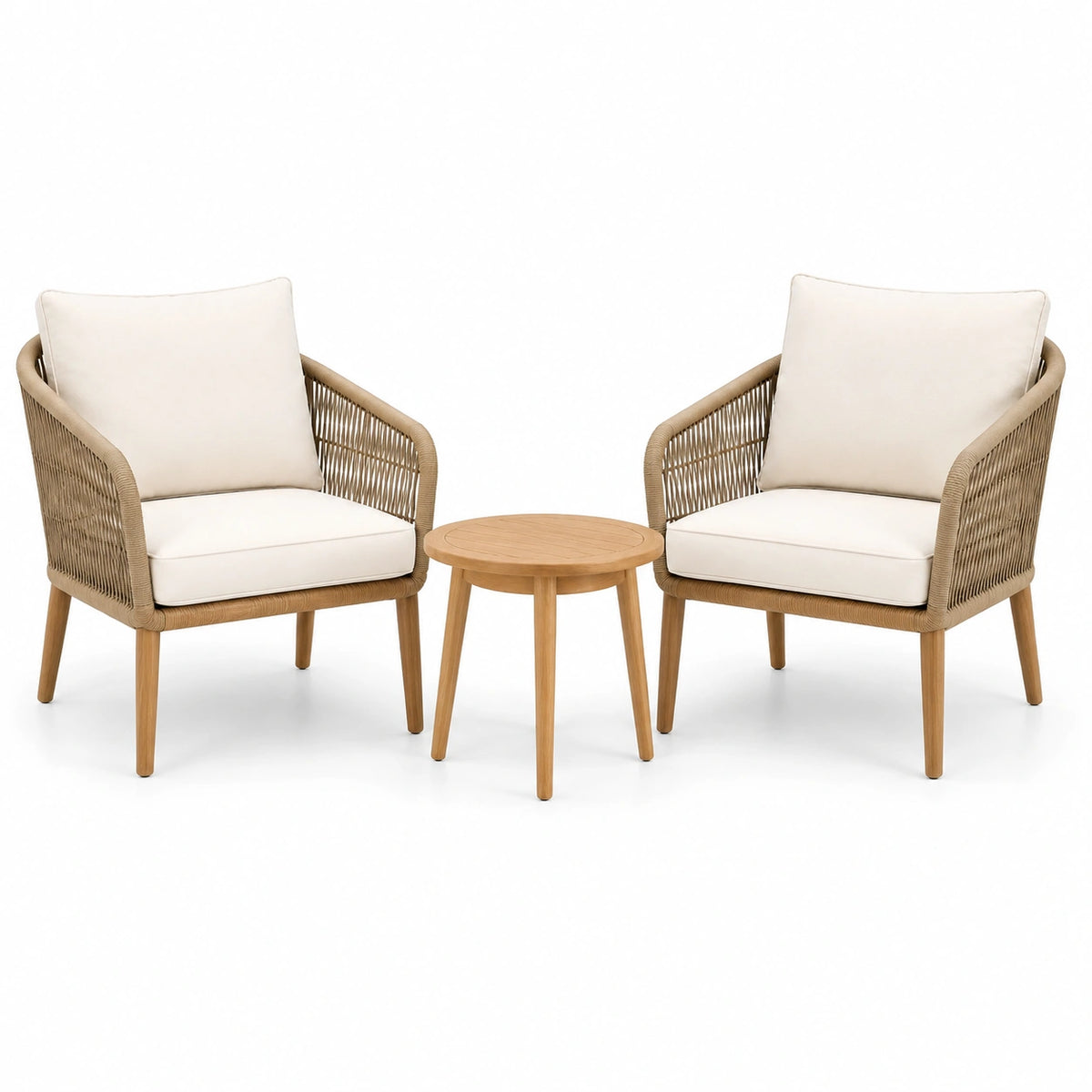 3-teiliges Gartenmöbel-Set, 2 Sessel mit Kissen und runder Tisch, Beige/Natur, Sessel 68 × 70 × 78 cm, Tisch Ø 50 × 50 cm