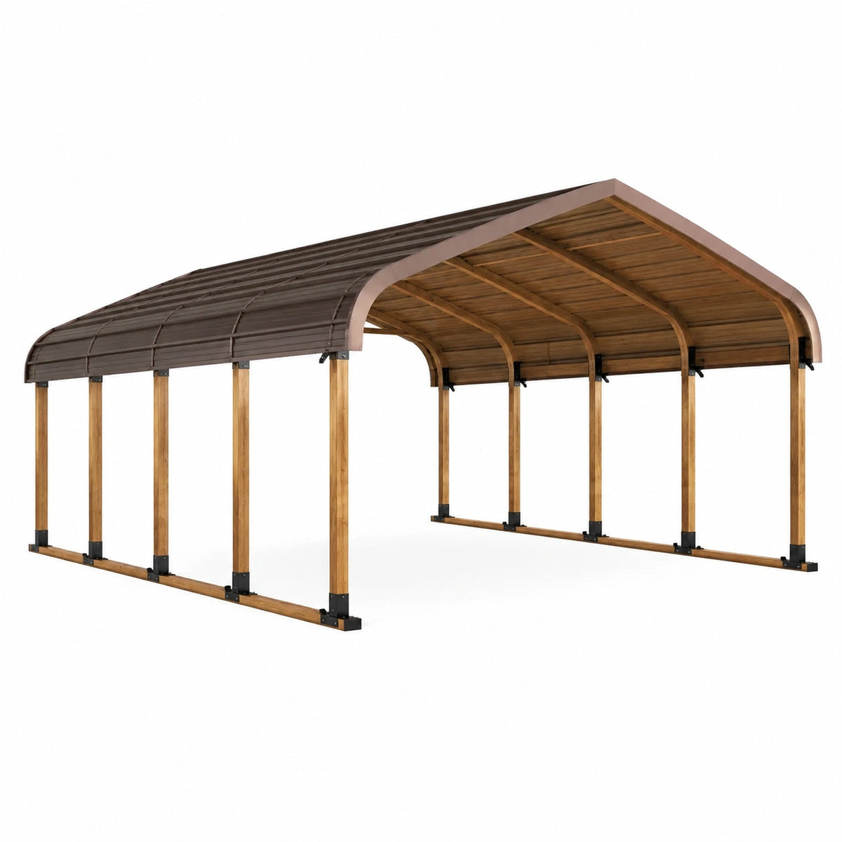 Holzcarport 600 × 300 × 250 cm mit gebogenem Polycarbonatdach in Naturbraun, Dunkelbraun und Schwarz