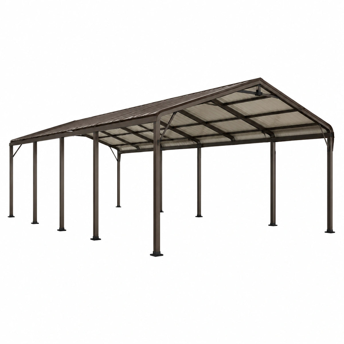 Stellplatzüberdachung aus Stahl 600×300×270 cm mit Polycarbonat-Satteldach, Dunkelbraun/Transparent