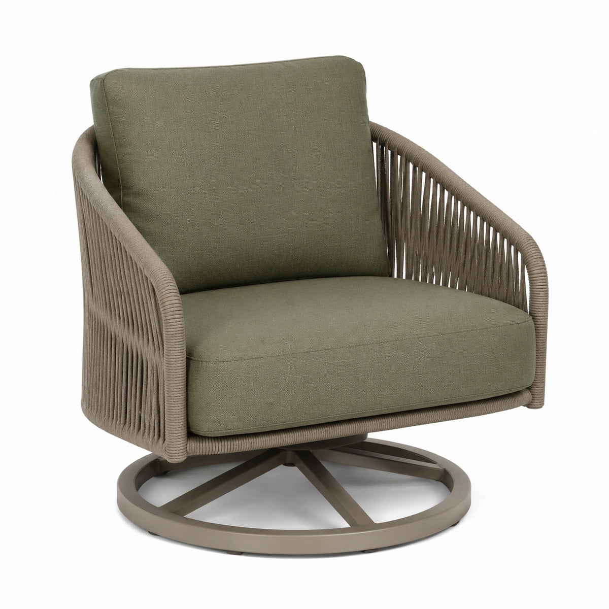 Drehsessel mit Metallgestell und Seilgeflecht, 82 × 80 × 86 cm, Olivgrün/Taupe