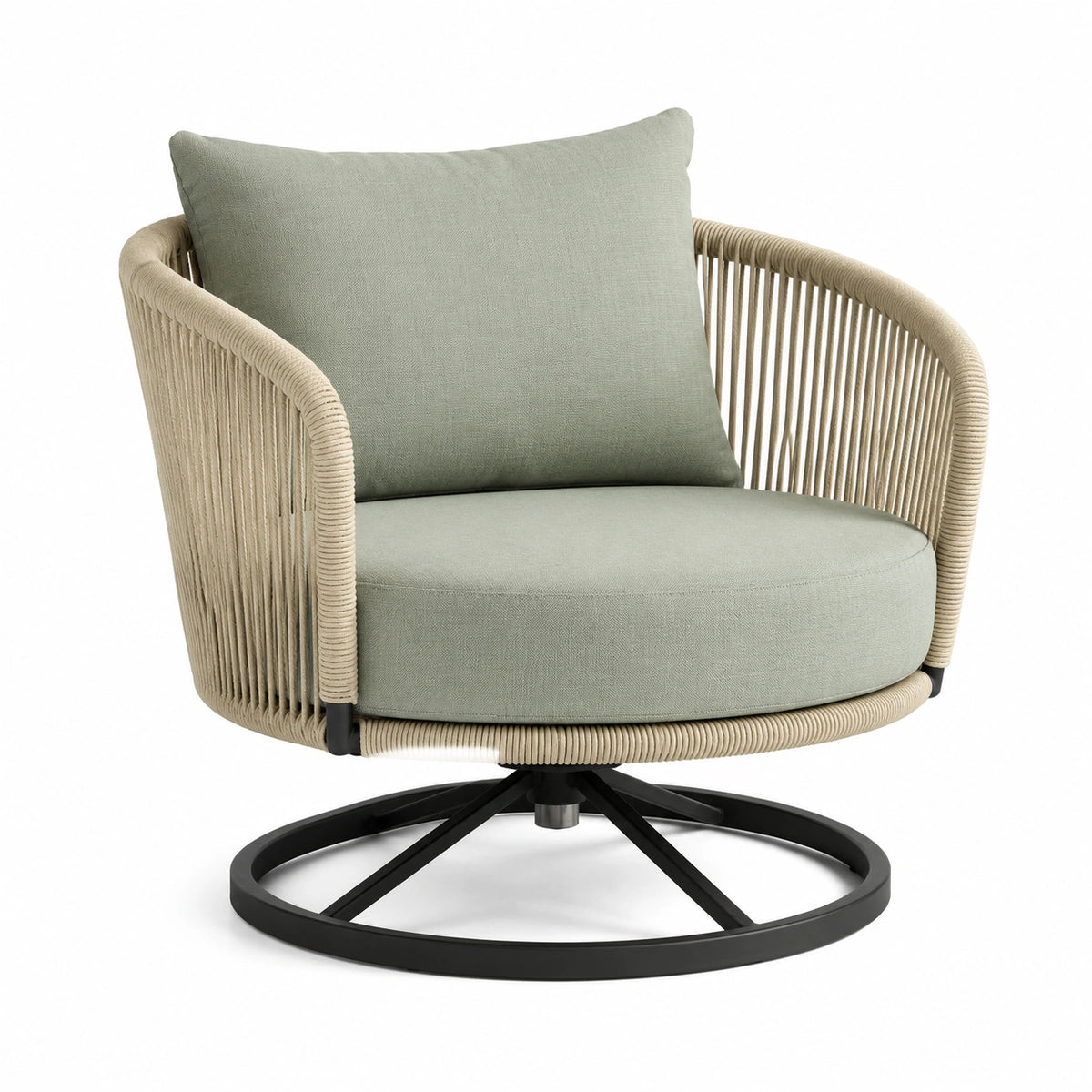 Drehbarer Sessel mit Seilgeflecht, 80 × 80 × 78 cm, Beige/Grün/Schwarz