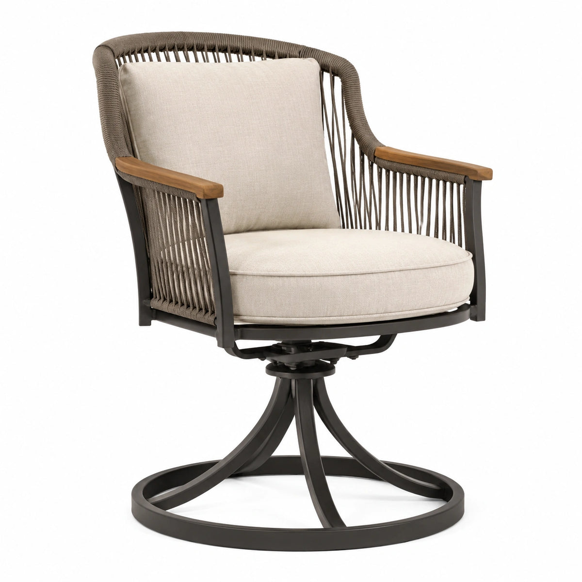Drehbarer Gartenstuhl mit Seilgeflecht und Polstern, 68 × 70 × 92 cm, Beige/Taupe/Schwarz/Braun