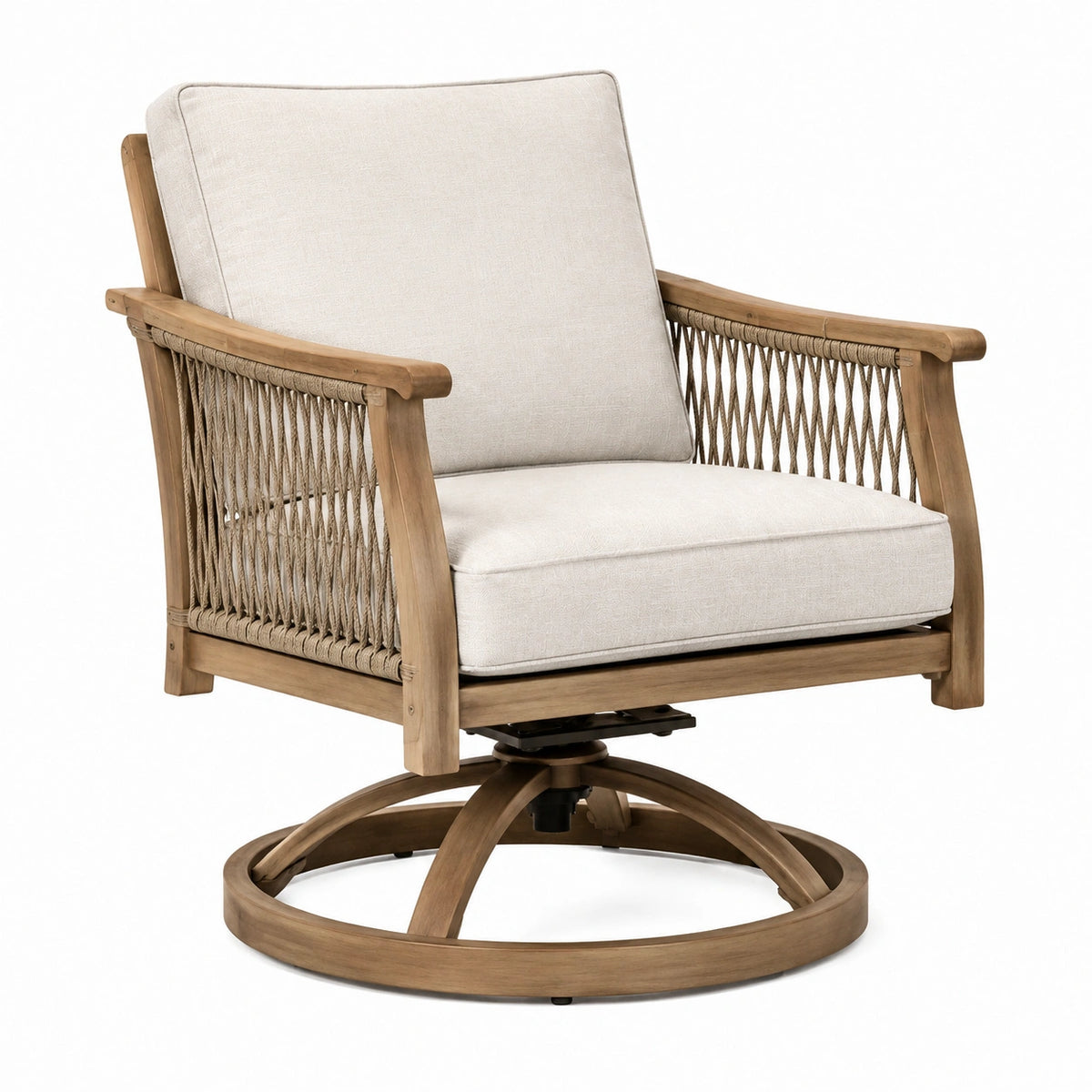 Drehbarer Holzsessel mit Seilgeflecht und Polsterung, 82 × 80 × 92 cm, Natur/Beige