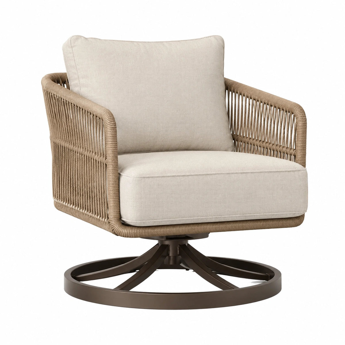 Drehbarer Geflechtsessel mit Metallgestell in Beige/Braun, 78 × 80 × 85 cm