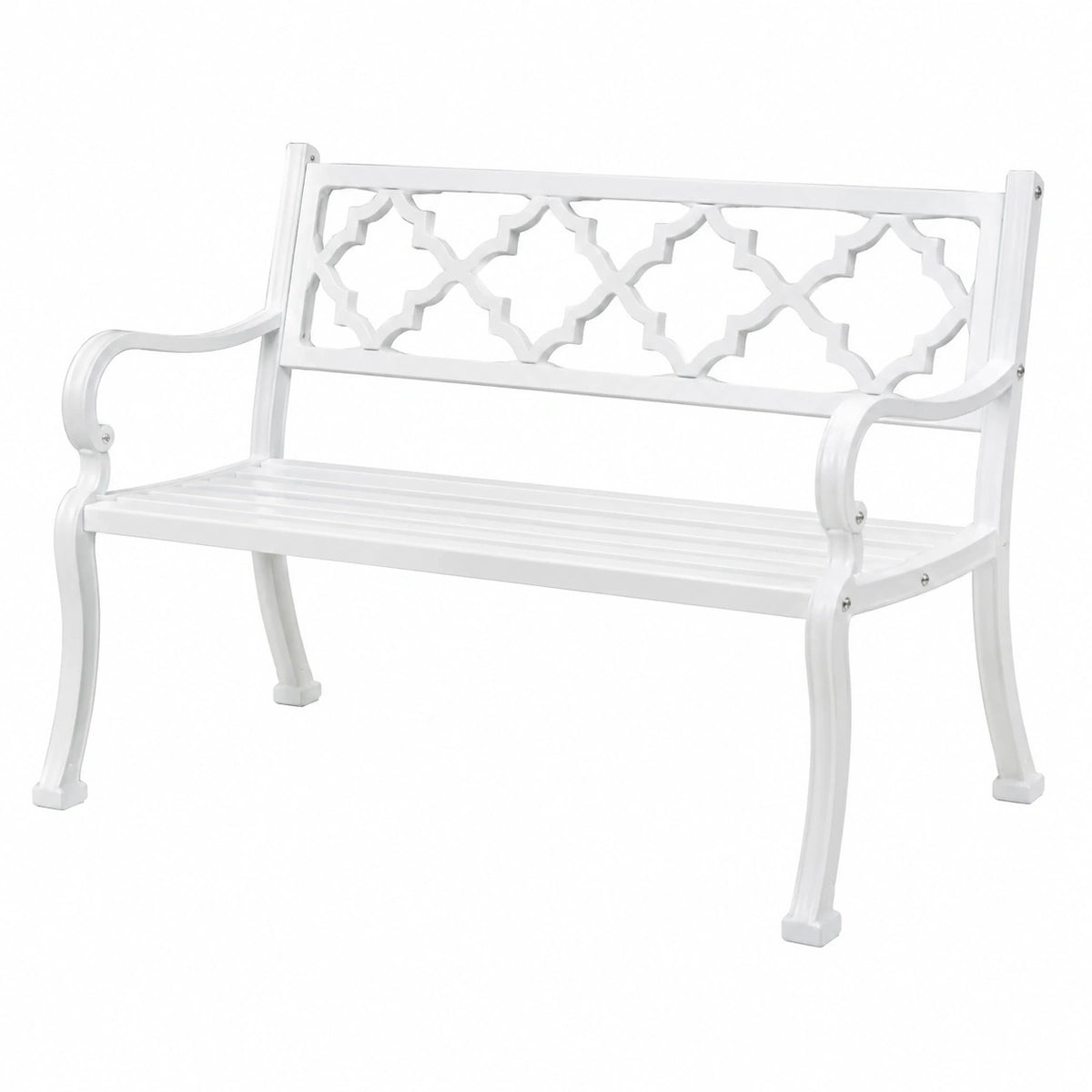 Weiße Metall-Gartenbank 100 × 50 × 85 cm mit ornamentaler Rückenlehne