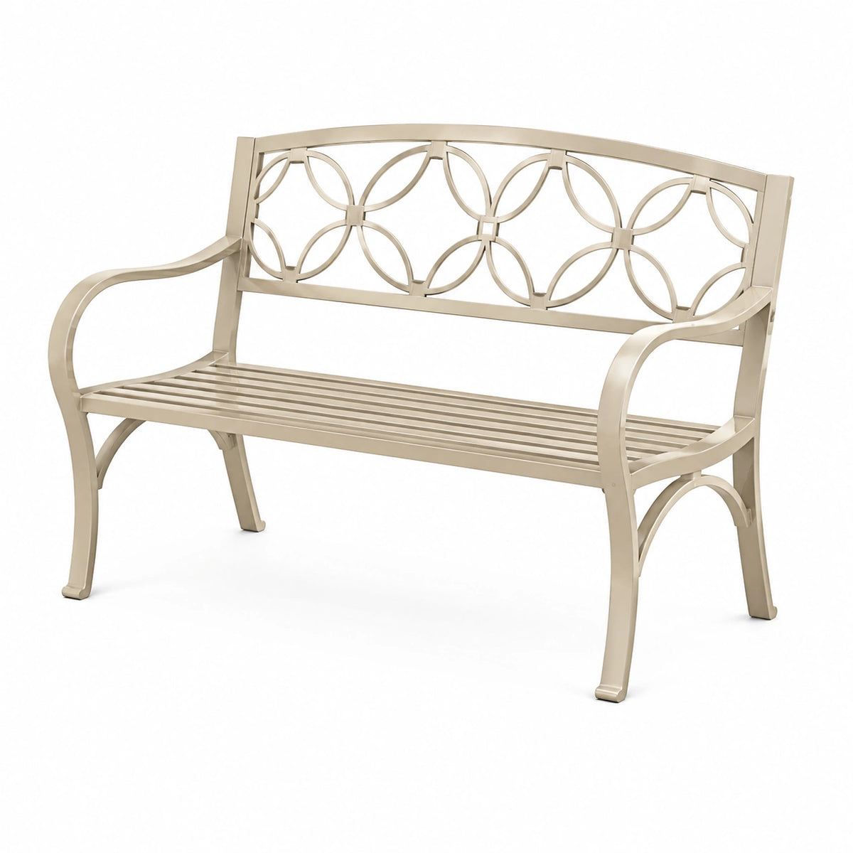 Metall-Gartenbank Beige, 122 × 61 × 89 cm, mit Armlehnen und floralem Kreismuster