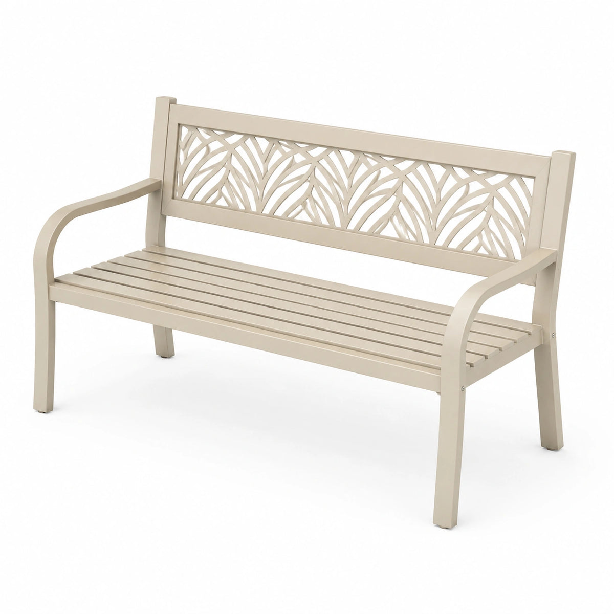 Beige Metall-Gartenbank mit Blättermuster, 122 x 60 x 88 cm