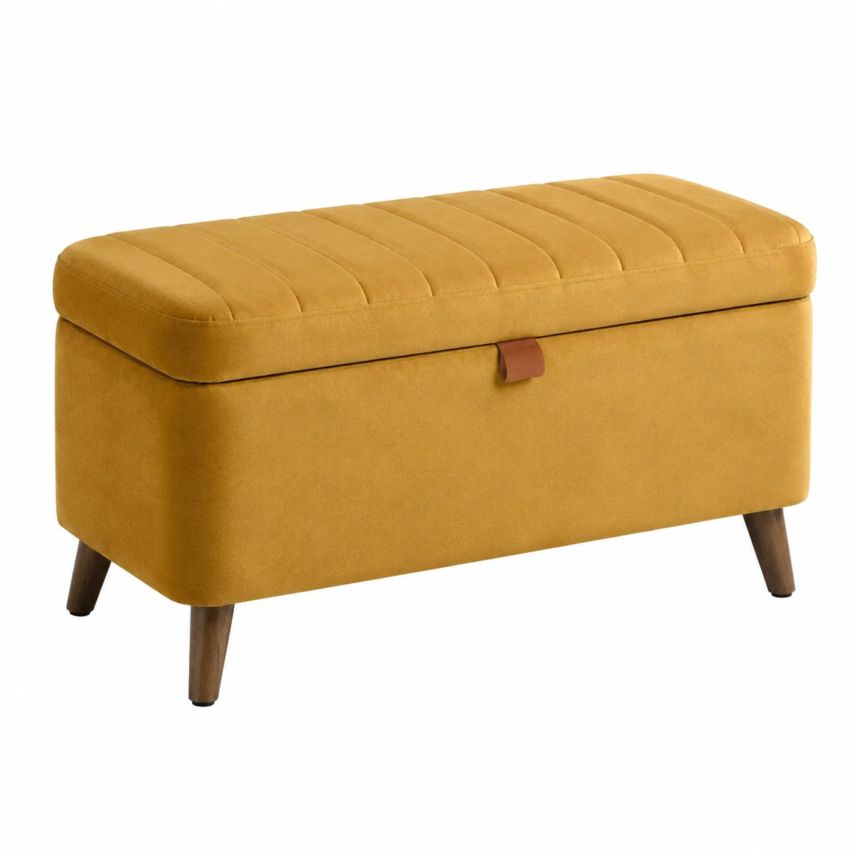 Gepolsterte Sitzbank mit Stauraum, Samtbezug in Senfgelb, Holzbeine, 80 × 40 × 45 cm