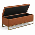 Gepolsterte Aufbewahrungsbank mit Klappdeckel, Kunstleder in Cognac, Metallgestell in Goldoptik, 120 × 45 × 50 cm