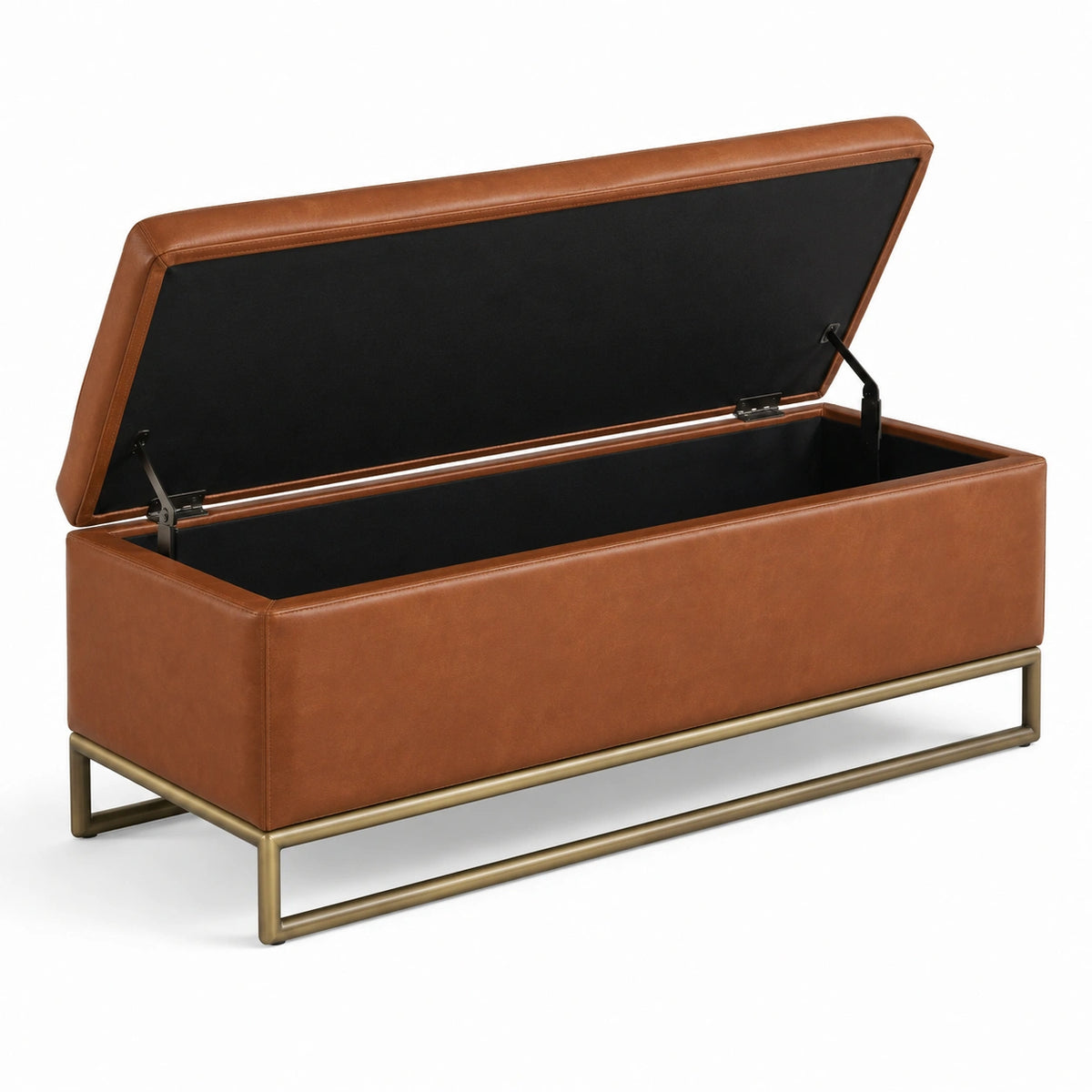 Gepolsterte Aufbewahrungsbank mit Klappdeckel, Kunstleder in Cognac, Metallgestell in Goldoptik, 120 × 45 × 50 cm
