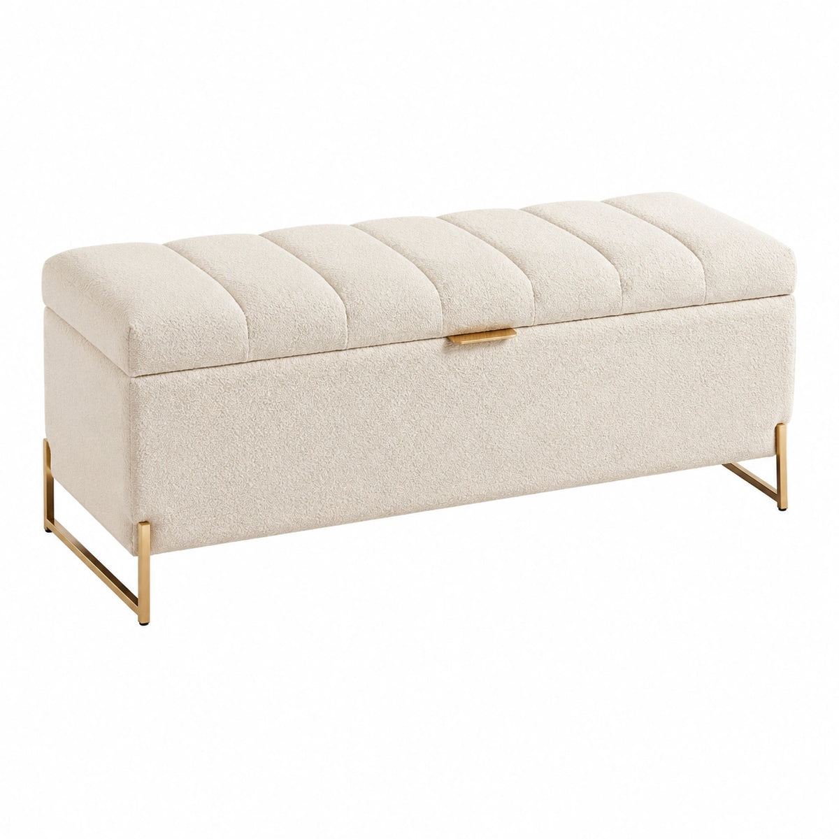 Gepolsterte Sitzbank mit Stauraum, Bouclé-Bezug in Creme, goldfarbenes Metallgestell, 120 × 45 × 50 cm