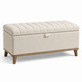 Gepolsterte Stauraumbank 100 × 45 × 48 cm mit beigem Stoffbezug und braunen Holzfüßen