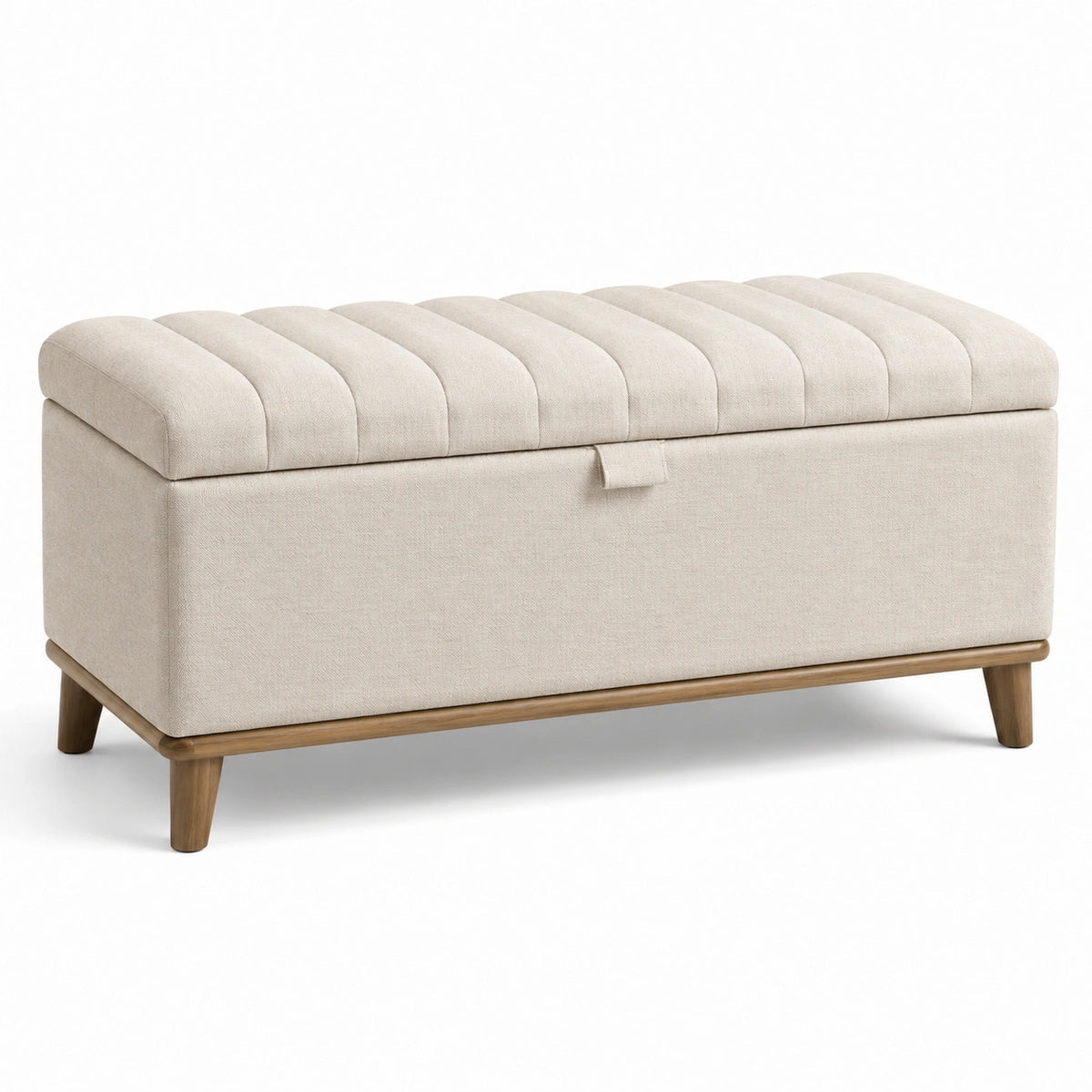 Gepolsterte Stauraumbank 100 × 45 × 48 cm mit beigem Stoffbezug und braunen Holzfüßen