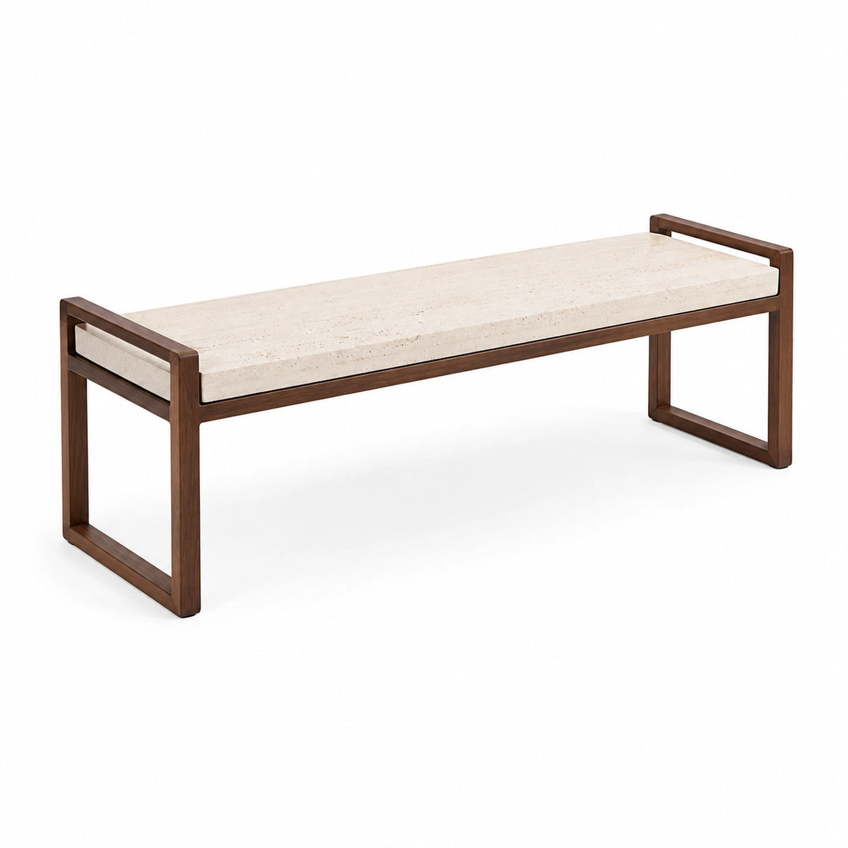 Moderne Sitzbank aus dunkelbraunem Holz und beigefarbenem Travertin, 140 × 40 × 45 cm