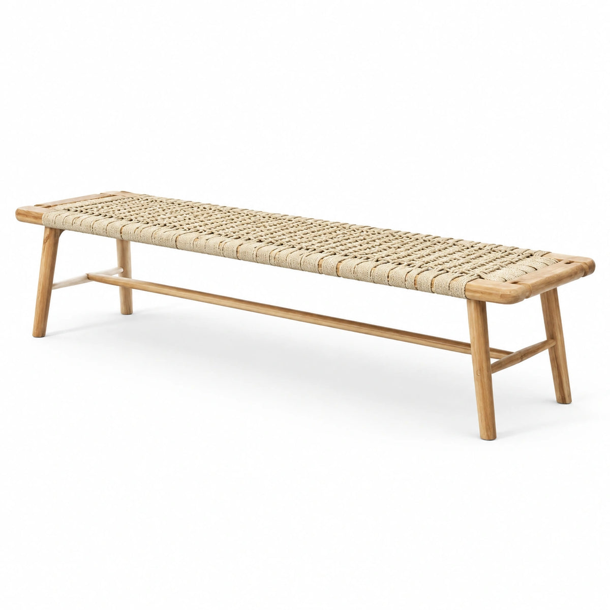 Sitzbank aus Holz mit geflochtener Seilsitzfläche, Natur/Beige, 150 × 40 × 45 cm