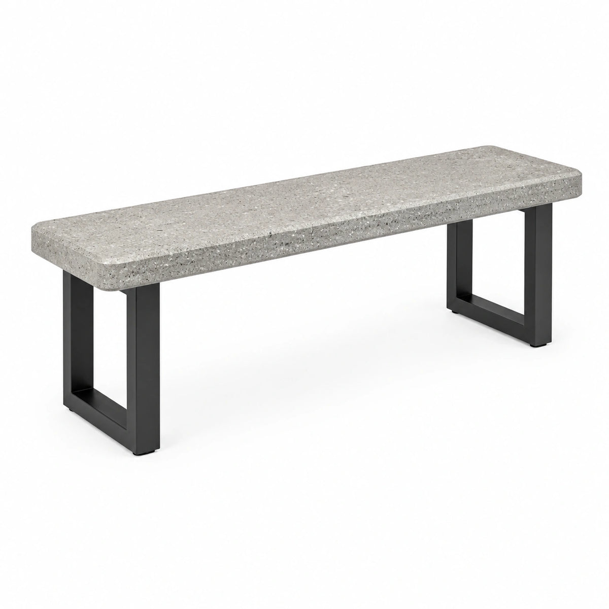 Sitzbank 180 × 40 × 45 cm mit grau gesprenkelter Steinplatte und schwarzem Metallgestell