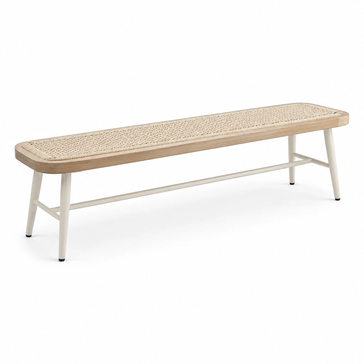 Sitzbank aus Holz, Rattan und Metall, 120 × 35 × 45 cm, Natur/Weiß