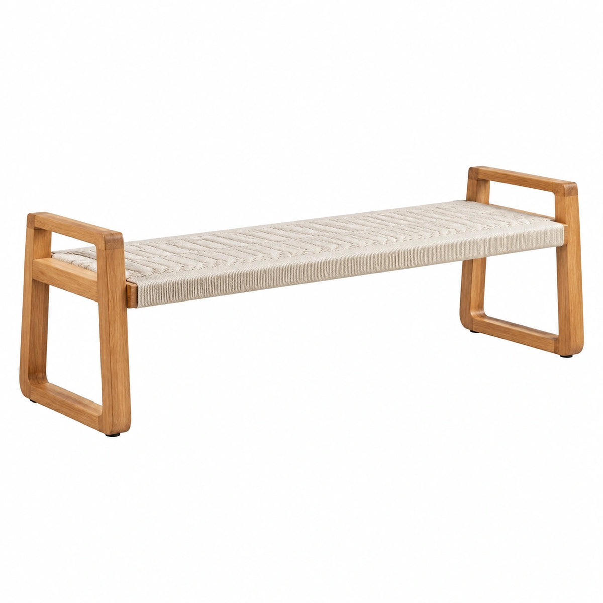 Sitzbank aus Naturholz mit cremefarbener Kordelflechtung, 120 × 40 × 45 cm