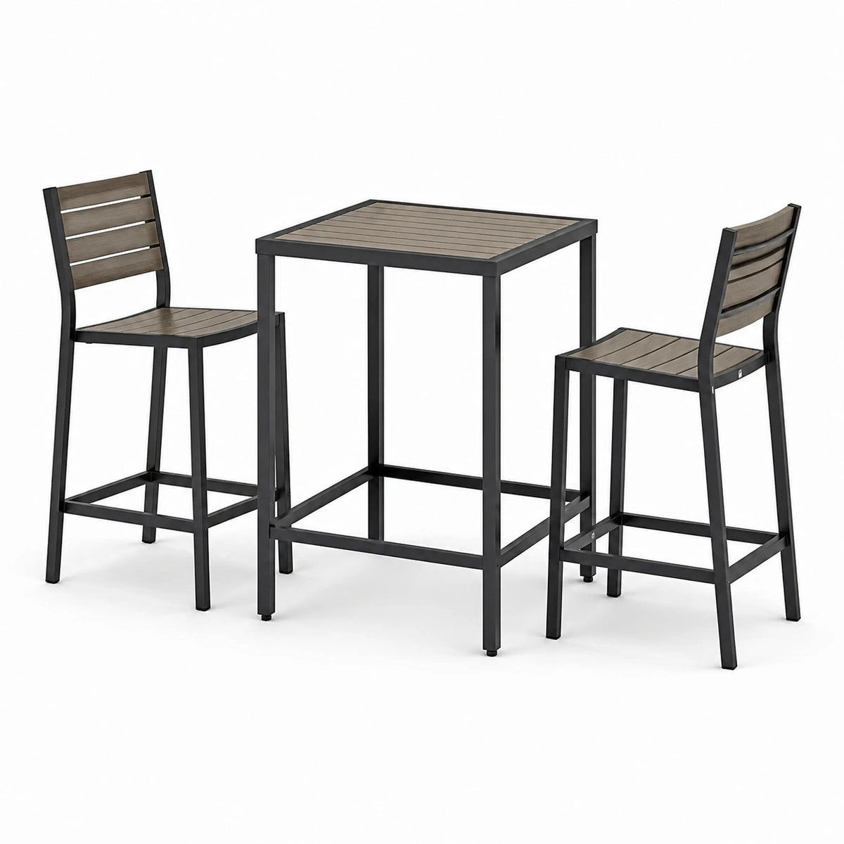 3-teiliges Gartenbarset Schwarz/Graubraun, Tisch 70 × 70 × 105 cm mit 2 Stühlen 45 × 52 × 110 cm