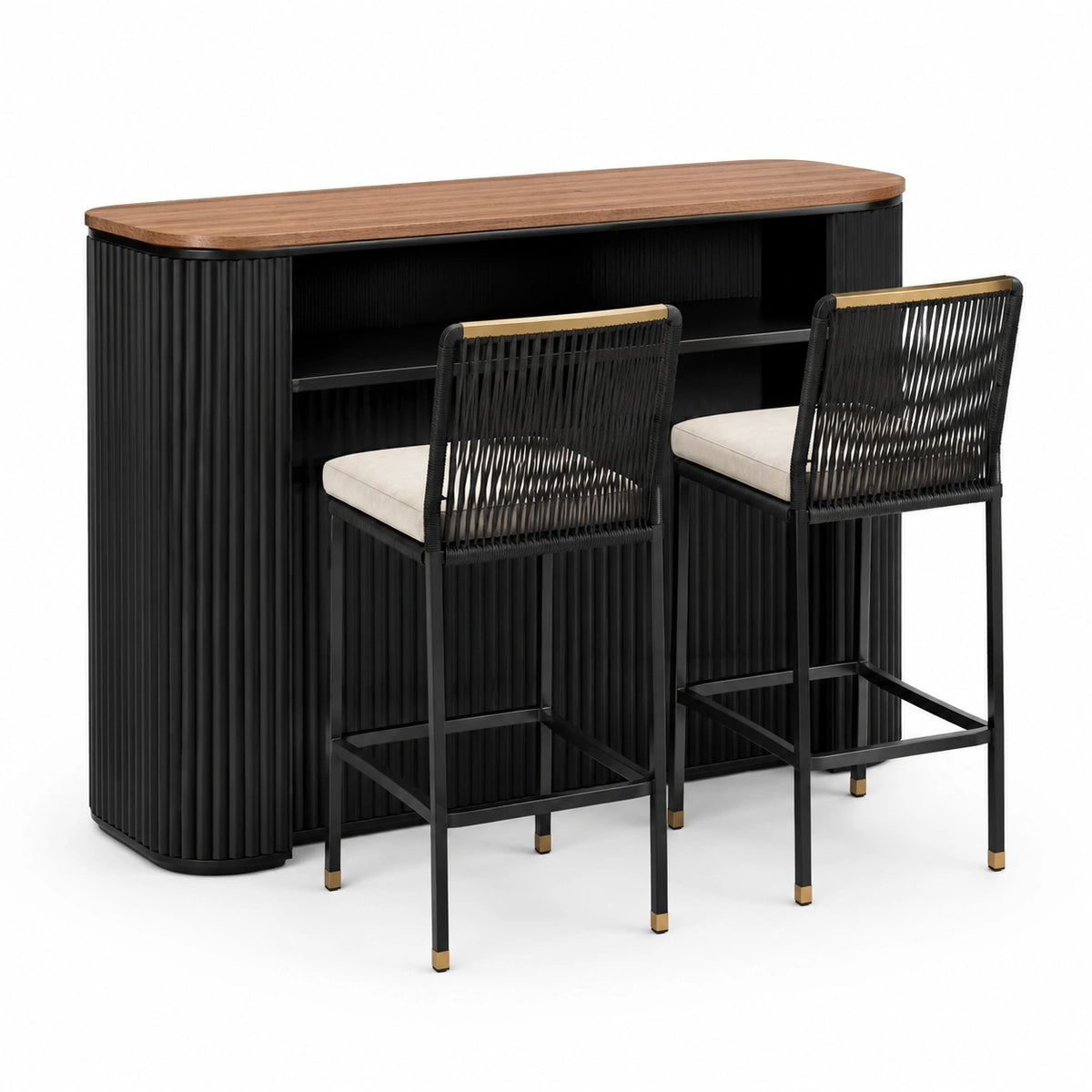 3-teiliges Bartisch-Set, 140 × 60 × 105 cm, mit 2 Hockern 50 × 55 × 105 cm, Schwarz/Walnuss/Beige/Gold