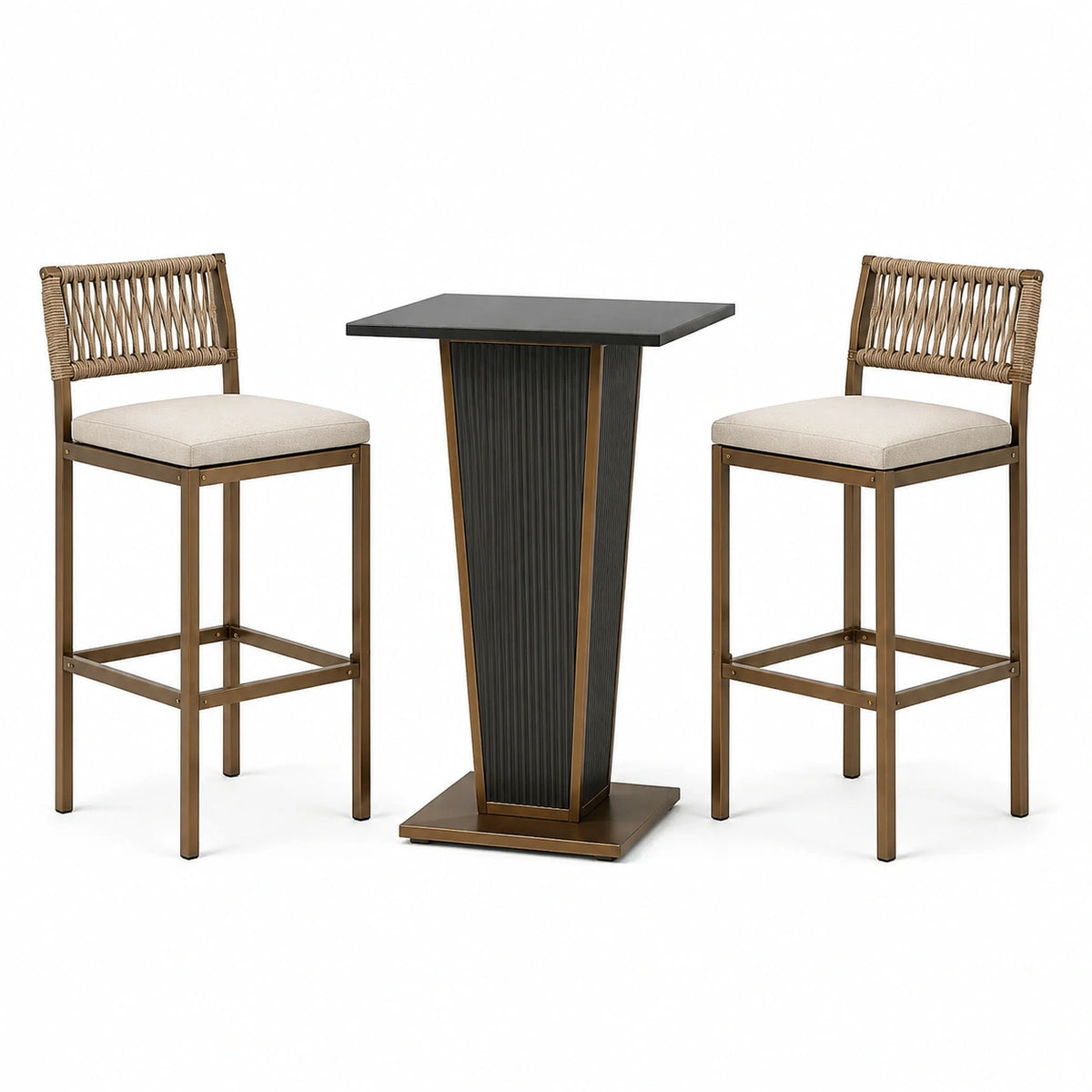3-teiliges Bartisch-Set mit 2 Barhockern, Tisch 100 × 100 × 105 cm, Hocker 45 × 48 × 105 cm, Braun/Schwarz/Beige