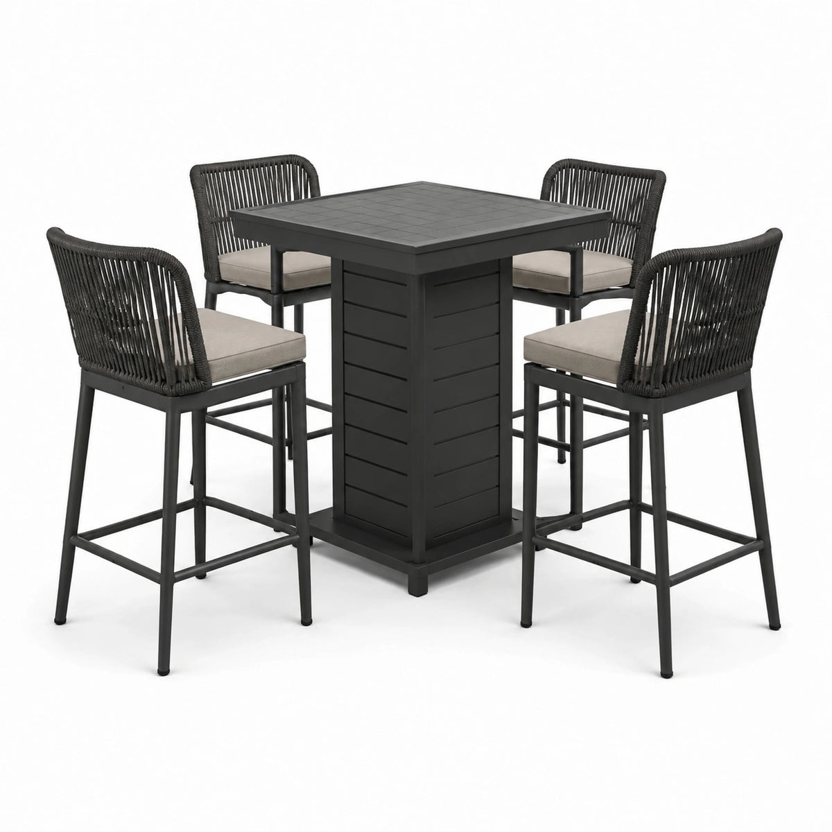 5-teiliges Barset für den Außenbereich in Schwarz/Grau mit 110×110×105 cm Tisch und 4 Barstühlen