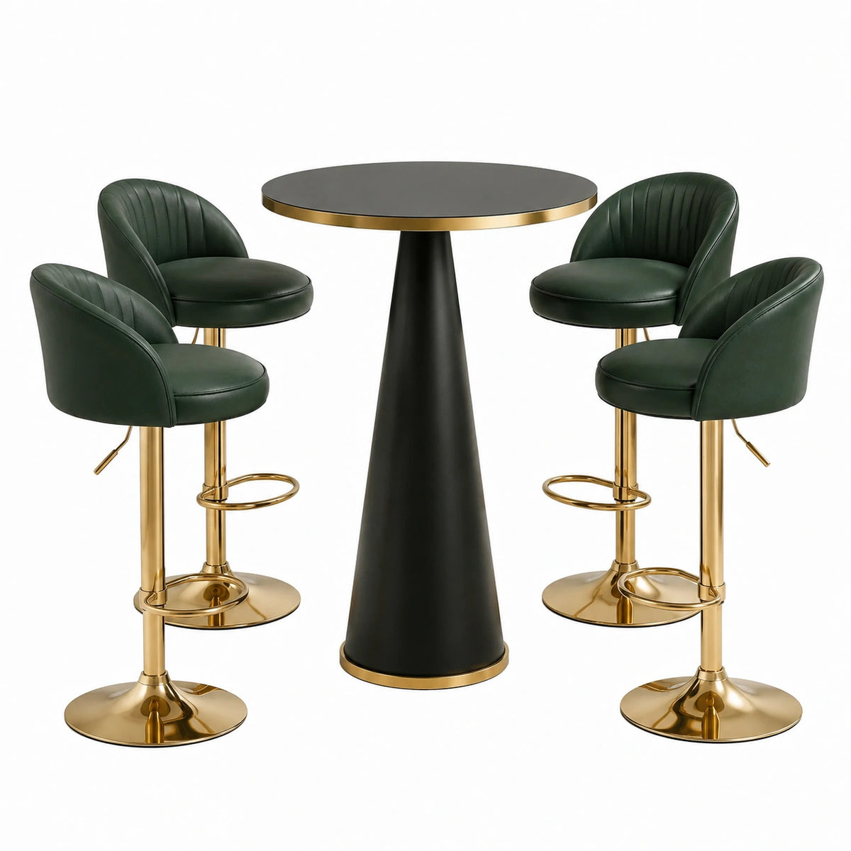 5-teiliges Bartisch-Set mit 4 höhenverstellbaren Barhockern, Tisch 100 × 100 cm, Grün/Schwarz/Gold