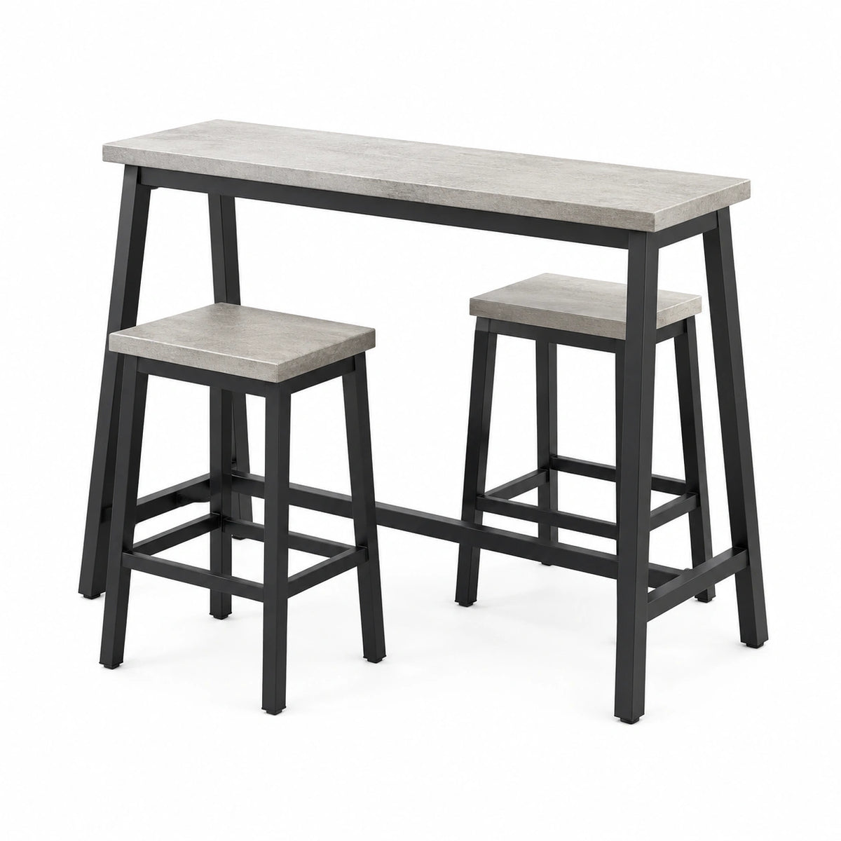 Bartisch-Set im Industriestil Grau/Schwarz, 120 × 40 × 91 cm, mit 2 Hockern 40 × 30 × 61 cm