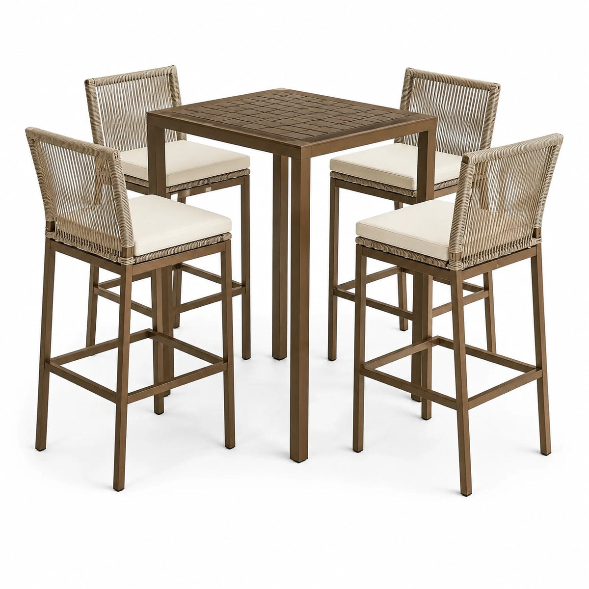 5-teiliges Bartisch-Set mit 4 Barstühlen, 100 × 100 × 105 cm, Braun/Beige