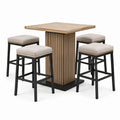 5-teiliges Bartisch-Set Eiche/Schwarz/Beige, Tisch 120 × 120 × 105 cm, 4 gepolsterte Hocker 40 × 40 × 75 cm
