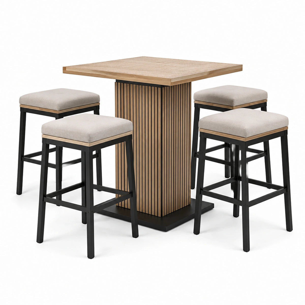 5-teiliges Bartisch-Set Eiche/Schwarz/Beige, Tisch 120 × 120 × 105 cm, 4 gepolsterte Hocker 40 × 40 × 75 cm