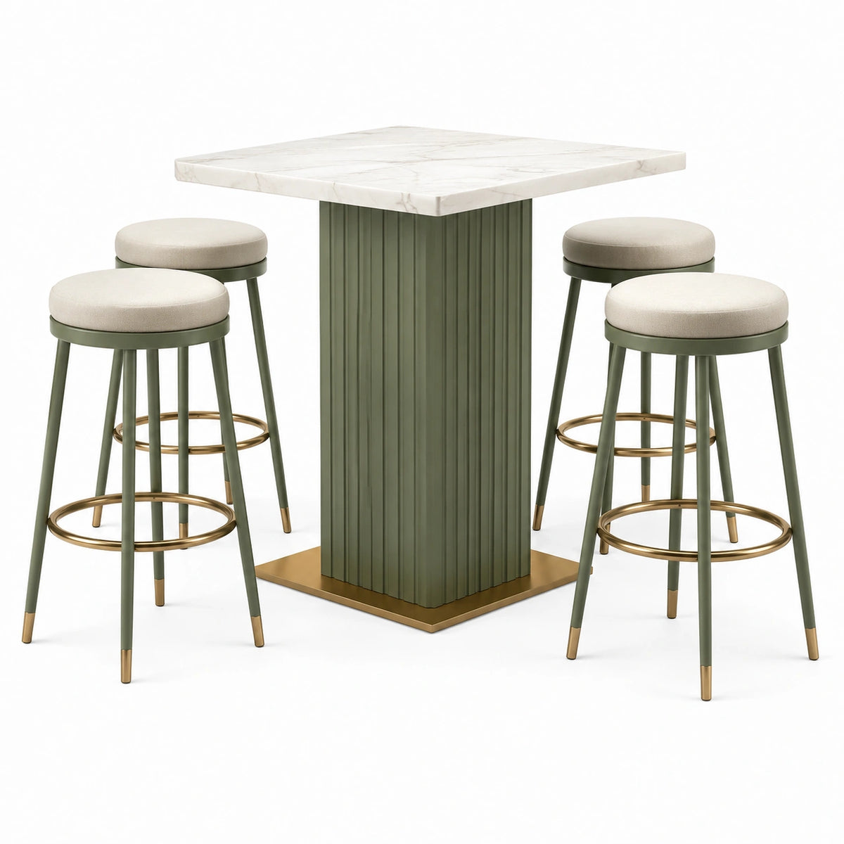 5-teiliges Bartisch-Set mit 4 Barhockern, 120 × 120 × 105 cm, Grün/Weiß/Gold/Beige