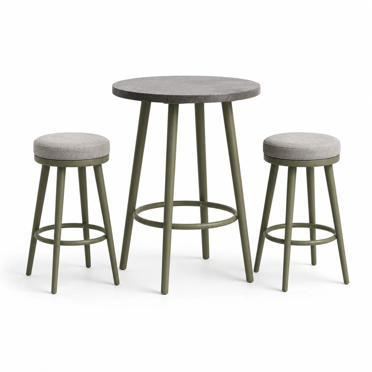 3-teiliges Bartisch-Set, runder Tisch Ø 80 x 100 cm mit 2 Barhockern Ø 36 x 76 cm, Olivgrün/Grau/Dunkelgrau